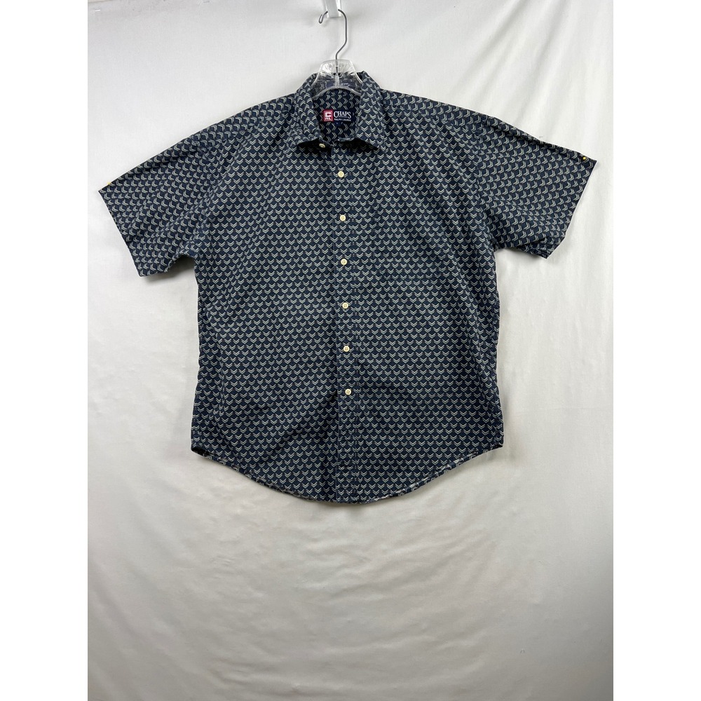 Chaps Ralph Lauren Button Down Shirt Mens Large Navy Blue Geometric Short Sleeve